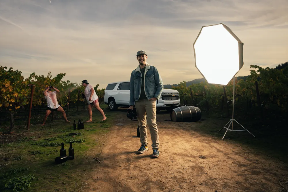 photo shoot in a vineyard with a softbox